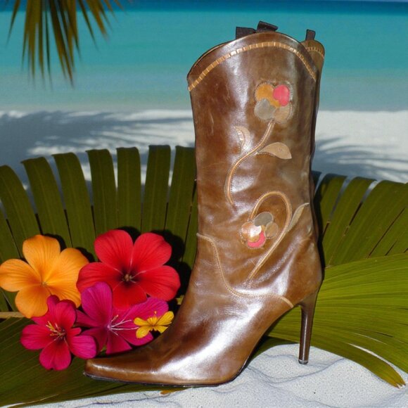 Glory Chen Rich Brown Genuine Leather Floral Stiletto Western Boot--size US 9.5M - Picture 4 of 5